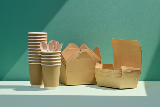 Sustainable Disposable Packaging Cups and Containers on Table