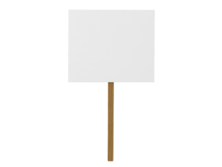 blank protest sign on wooden stick isolated on white background.
