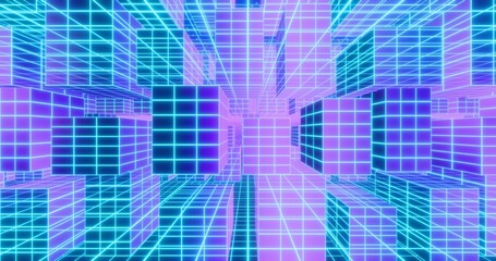 Futuristic glowing neon wireframe background. Shining grid planes in perspective. Bright retro digital horizon. Layered structures against starry sky. 3D rendering.