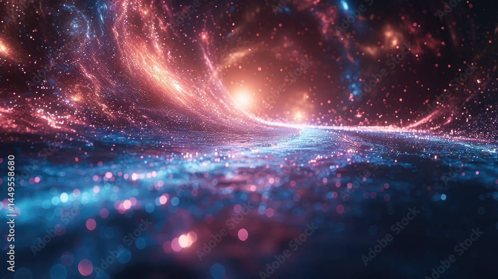 Poster futuristic tunnel with vibrant pink and blue lights. abstract artwork of starry sky and planet with 