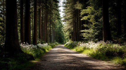 Obraz premium A scenic dirt path winding through a vibrant forest filled with tall trees