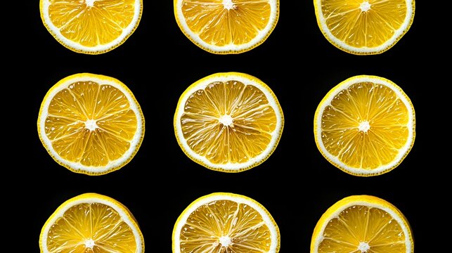 Lemon slices in grid layout on white background, high clarity, zesty detail highlighted, crisp stock photo for food and drink themes, soft natural shadows