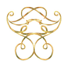 Gold ribbons ornament of vibrant collection. Curls, ribbons elements hand-painted in watercolor with gold paint accents. Isolate is presented for textiles, wallpaper, prints, packaging