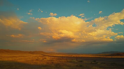 Golden hour clouds over a vast, dry landscape.
