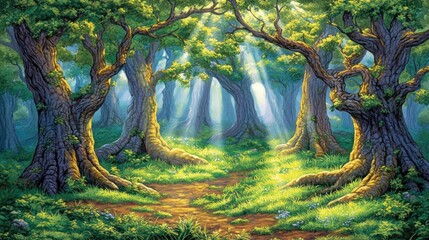 Obraz premium Sunlit woodland path, bathed in golden rays of light.