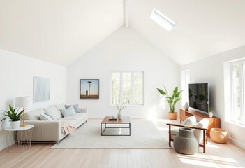 Bright white living room with sloped ceiling, natural light, light, white furniture