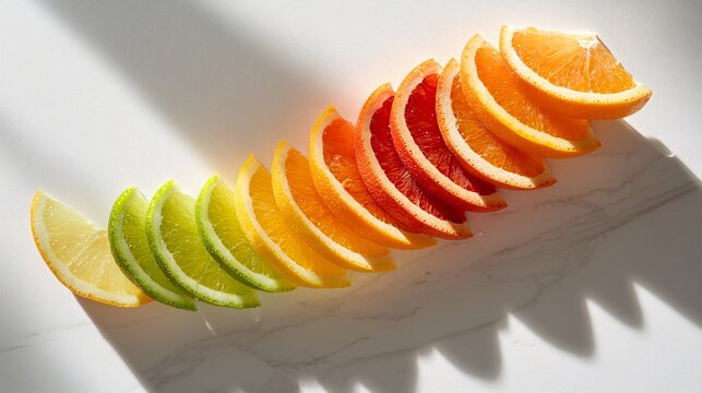 Bright and fresh image of sliced oranges and lemon wedges in a diagonal line across one side of the frame, minimal matte surface, moisture beads visible on the fruit, soft shadows