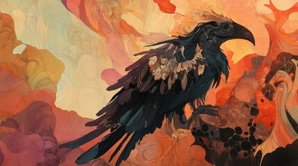 Raven perched, fiery landscape, fantasy art, book cover