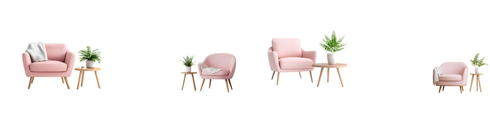 Modern, minimalist living room decor with pink furniture and greenery.