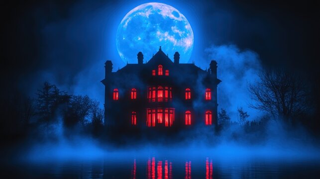 Ominous house glows red, with a bright moon - Powered by Adobe
