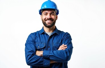 Smiling construction worker with arms crossed. Confident happy man in blue workwear and hard hat, white background. Pro builder, contractor ready for work. Successful confident.