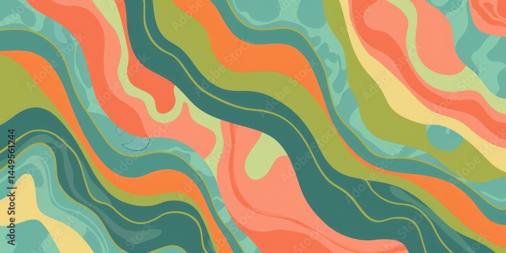 Poster abstract wavy lines with orange, green, and beige hues. abstract image of vibrant color overlapping 