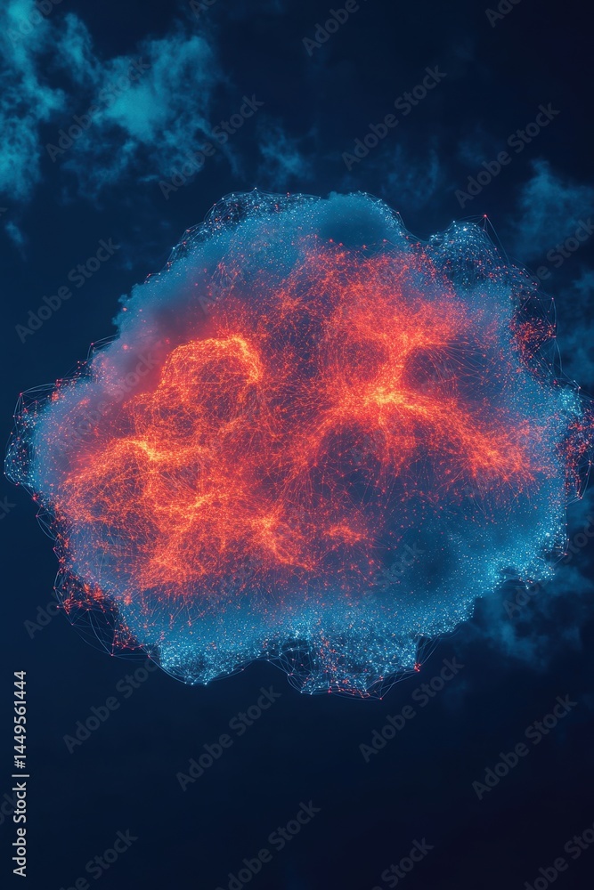 Poster glowing cloud network with red and blue nodes in the dark sky digital connection