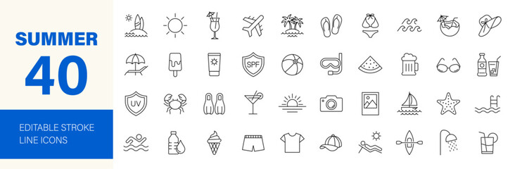 Summer icon set. Containing beach, surfing, sun, ice cream, vacation, travel, cocktail, sea, suntan, sunblock, swimsuit, coconut and more. Editable line icons. Vector illustration.