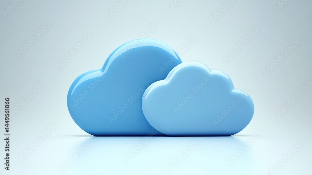 Poster two light blue clouds on a white background symbolizing cloud computing and data storage