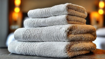 Neatly folded white towels arranged on a luxurious hotel bed with crisp linen texture, bathed in soft overhead lighting for spa or hospitality concepts

