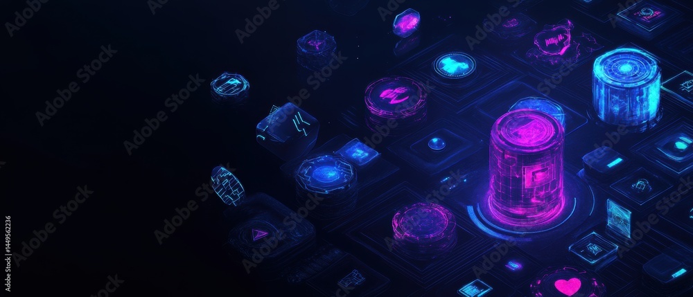 Aufkleber abstract cybernetic landscape with glowing neon elements and futuristic data visualization