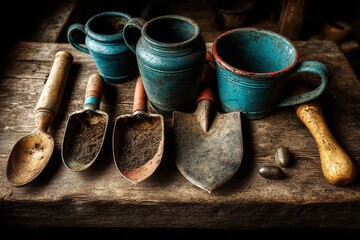 Vintage gardening tools artfully arranged on a weathered wooden table at 45-degree angle, bathed in natural ambient light for rustic gardening or antique collection themes

