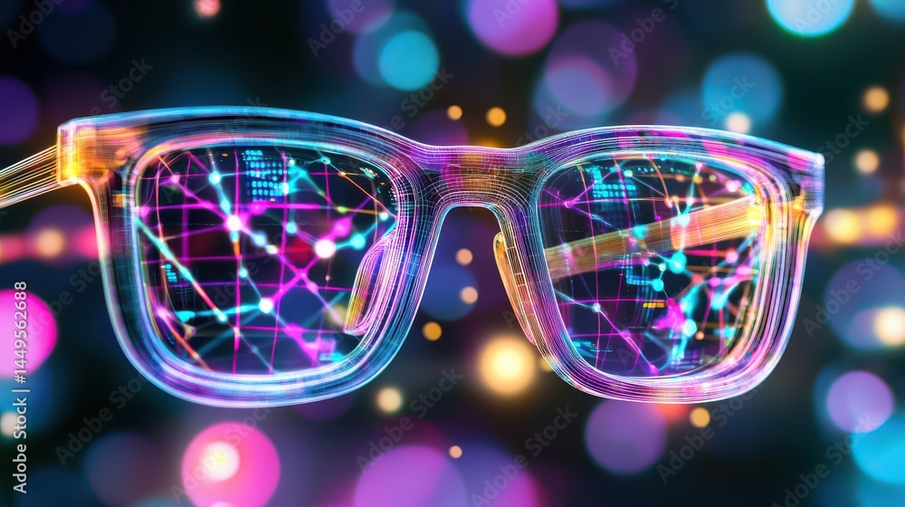 Poster futuristic digital avatars in hyperrealistic glasses virtual reality 3d render colorful bokeh closeu
