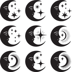 Black Crescent Moon Silhouettes Clipart – Waxing, Waning, Thick, Thin & Mystical Moon Vector Set

