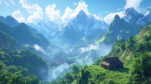 A mountain range with a small hut in the middle