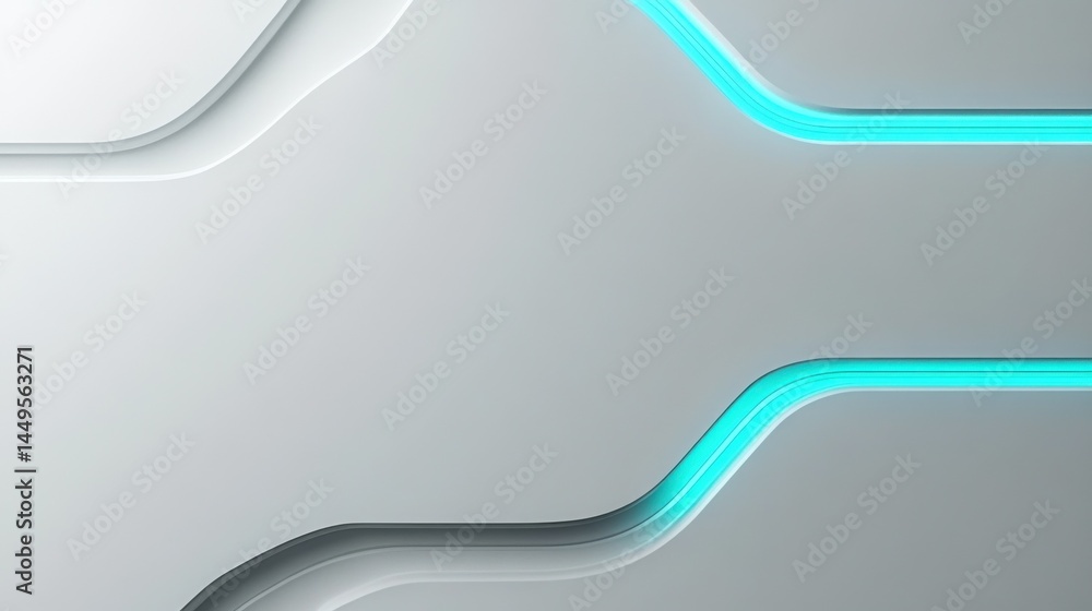 Poster white surface with embossed shape and turquoise illuminated trim. tech background with neon rectangl