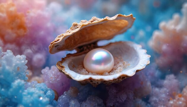 Close-up of pearl in open seashell, ocean background. Iridescent pearl inside sea shell, with sand. Pearls, shells, coral reefs underwater. Jewelry, luxury, beauty, sea life, ocean, beach, nature,