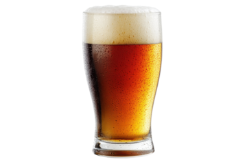 dark beer pint glass with foam on white background.