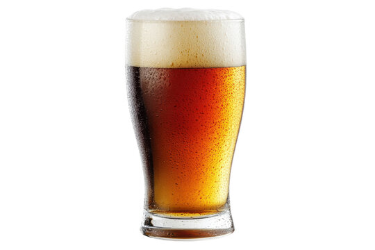 dark beer pint glass with foam on white background.