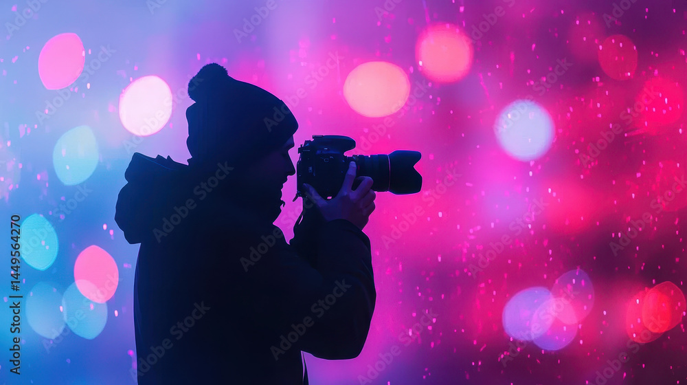 Poster silhouette of photographer capturing images against colorful bokeh background, creating vibrant and 