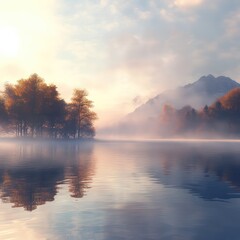 Fototapeta premium Misty lake sunrise landscape