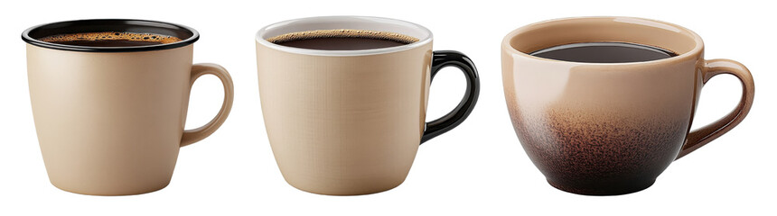 three coffee mugs with hot black coffee, isolated.