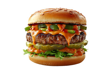 Delicious double size burger isolated on transparent background