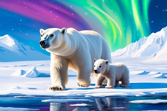 A mother polar bear and her cub walking on an ice floer in the arctic