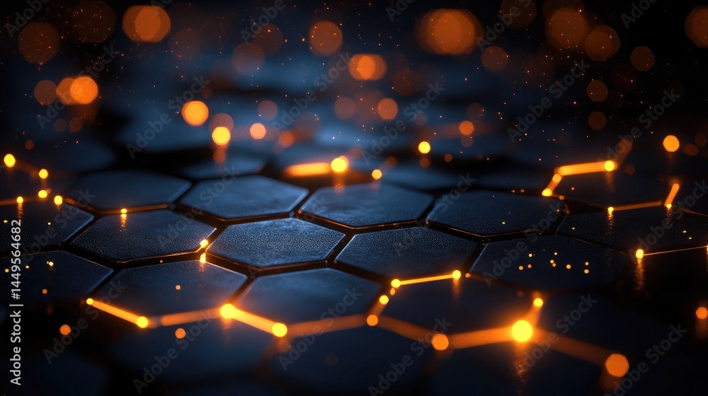 Aufkleber dark hexagons connected by bright orange lights and floating bokeh. perfect for illustrating technol