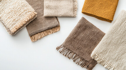 Soft textiles in neutral tones and warm hues create cozy flat lay arrangement, showcasing various woven fabrics with fringed edges