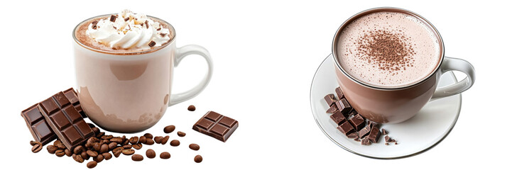 hot chocolate mugs with whipped cream and cocoa powder