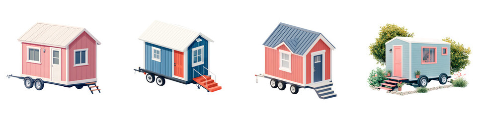 Colorful tiny houses on wheels showcasing mobile living solutions.