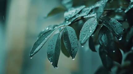 Close-up of rain-kissed teal leaves.