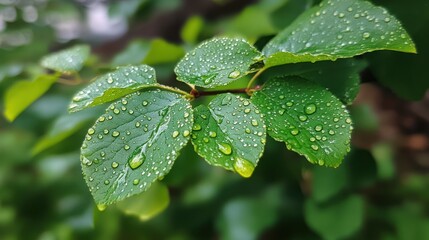 Close-up of vibrant green leaves covered in glistening water droplets.