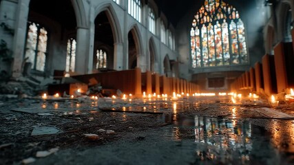 Flickering candles in debris-strewn church