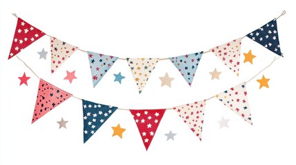 Fototapeta premium Colorful festive pennant banners adorned with stars and confetti, creating a joyful celebration atmosphere on a white background