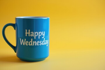 blue happy wednesday mug on yellow background, positioned at the top with copy space at the bottom, under the soft glow of daybreak shine.