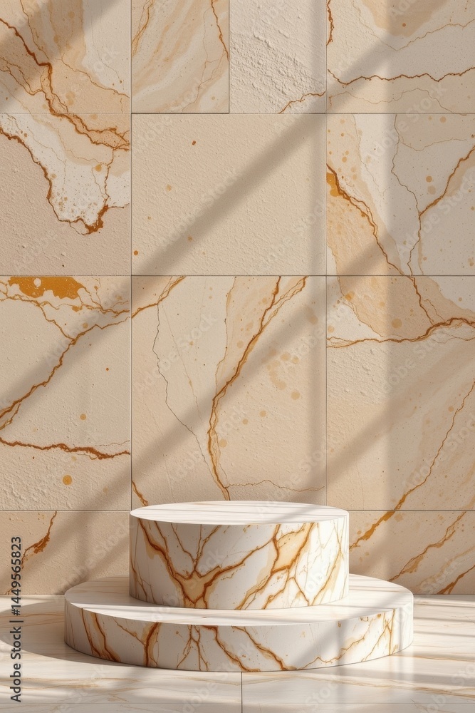 Poster subject standing at the bottom of an empty podium mockup display on a minimal multicolor stone backg