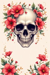 illustration of a skull adorned with vibrant flowers in vivid coral tones, positioned at the top with clear copy space at the bottom, ephemeral theme in sunny realism style.