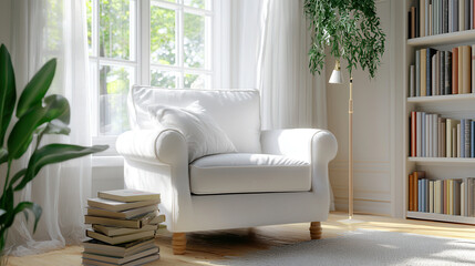 Fototapeta premium Cozy white armchair sits beside large window, surrounded by natural light and greenery, creating serene reading nook
