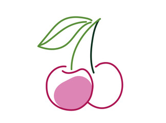 Minimalist cherry outline with pink fill and green leaves on white background. Simple vector fruit illustration. Healthy food and summer fruit concept