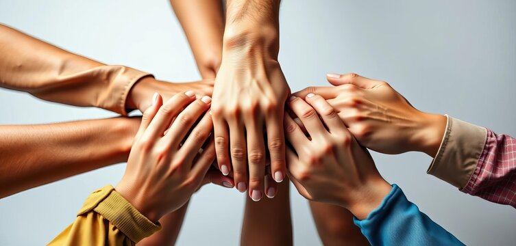 Diverse hands clasped together, symbolizing unity and collaboration, joint, helping