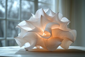 Abstract paper lamp with a unique sculptural design on wood table. Good for interior design or unique decoration, showing creativity.
