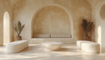 Neutral room with arches, sofa, benches, and plant in minimalist style. Use this stylish interior for design projects about calm and relaxation.